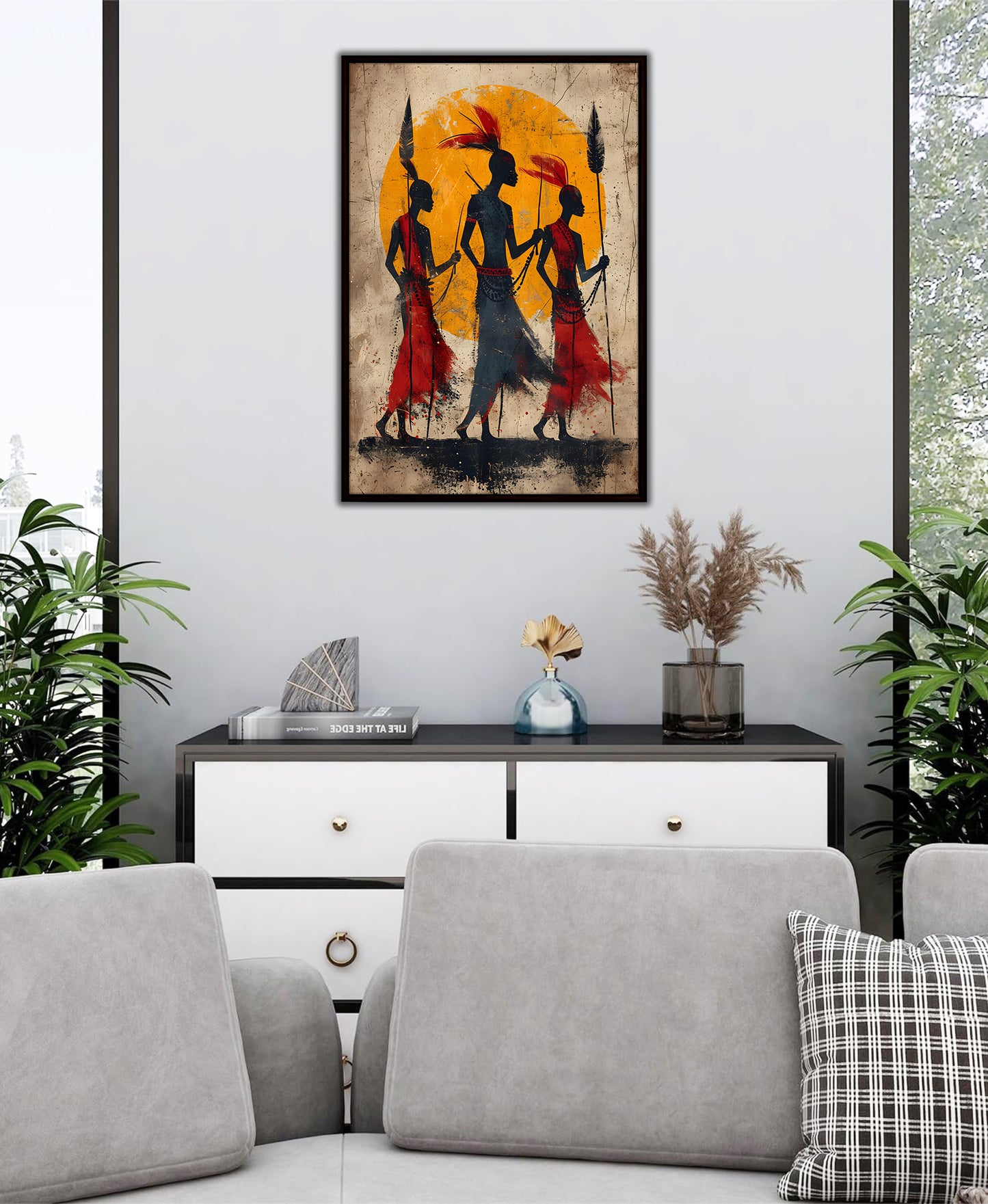 African Tribal Wall Art Canvas – Warrior Silhouette Painting, Ethnic Decor, Boho Wall Art Print, Modern African Art