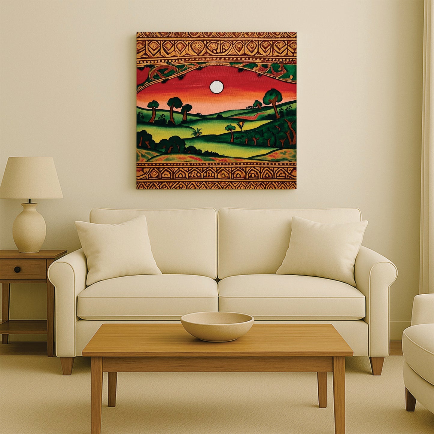 Indian Folk Art Inspired Canvas Stretched Frame – Scenic Green Valley Painting