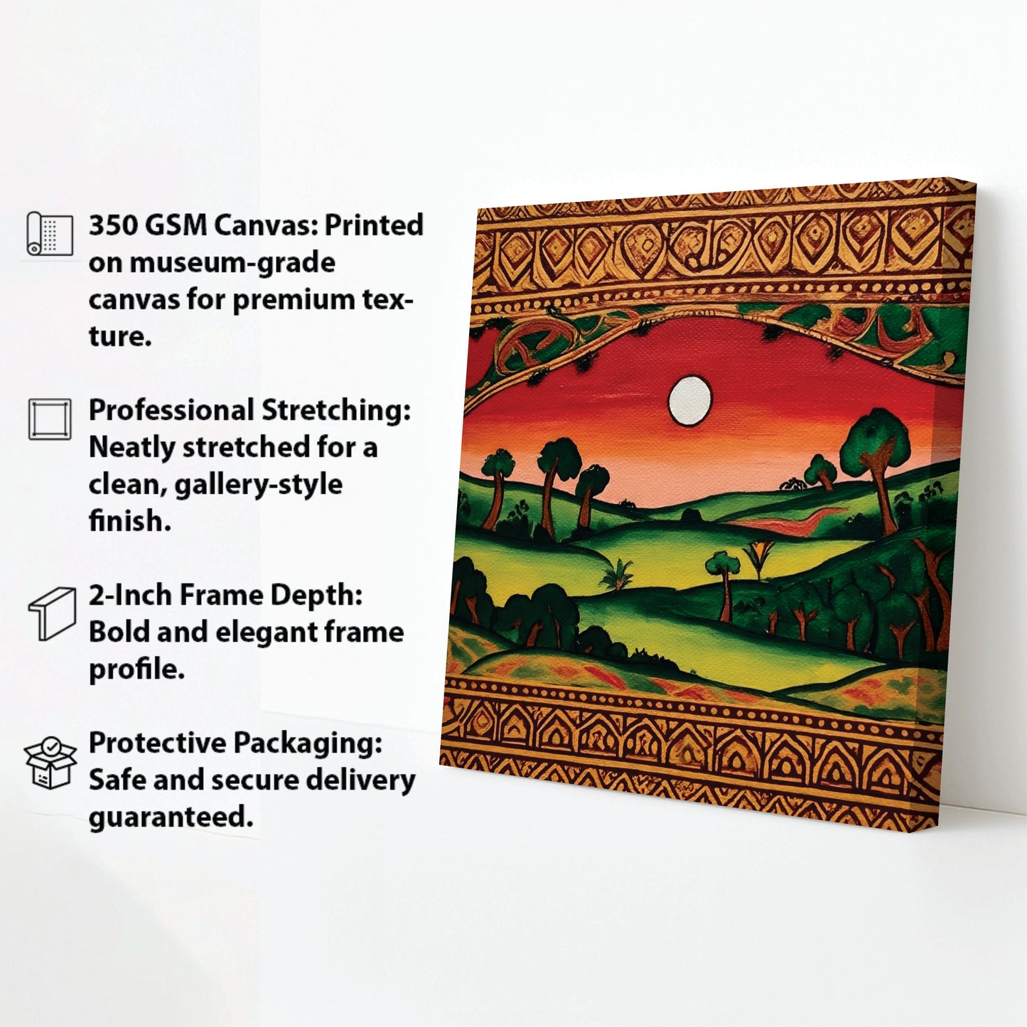 Indian Folk Art Inspired Canvas Stretched Frame – Scenic Green Valley Painting