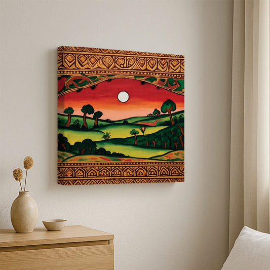 Indian Folk Art Inspired Canvas Stretched Frame – Scenic Green Valley Painting