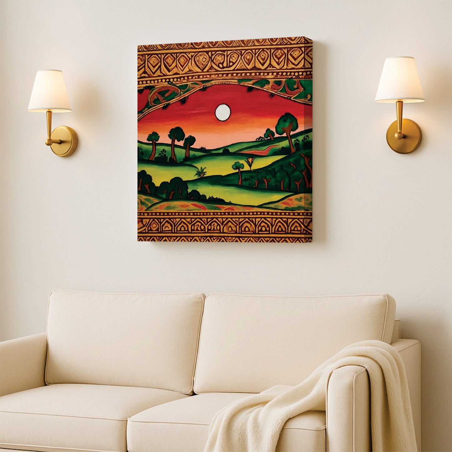 Indian Folk Art Inspired Canvas Stretched Frame – Scenic Green Valley Painting