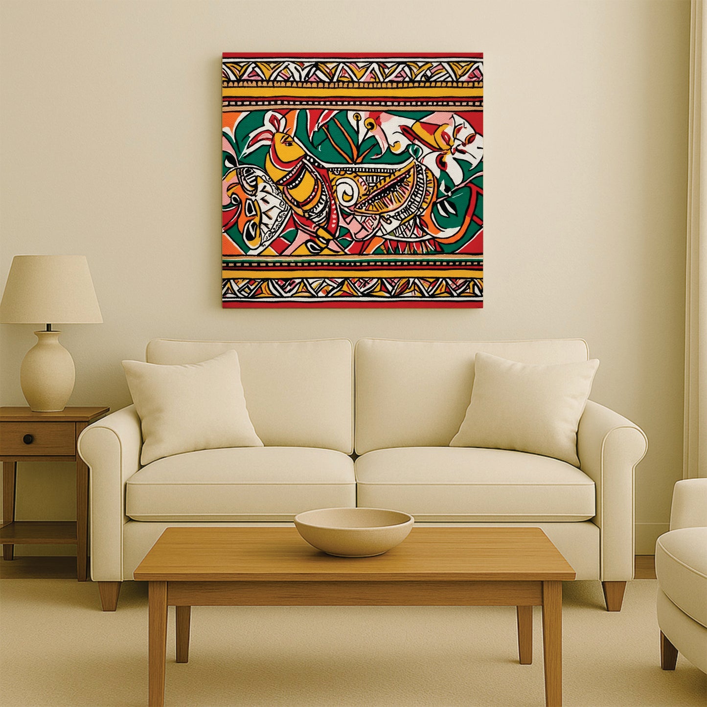 Ethnic Scenic Canvas Wall Stretched Frame  – Vibrant Green Valley Digital Painting