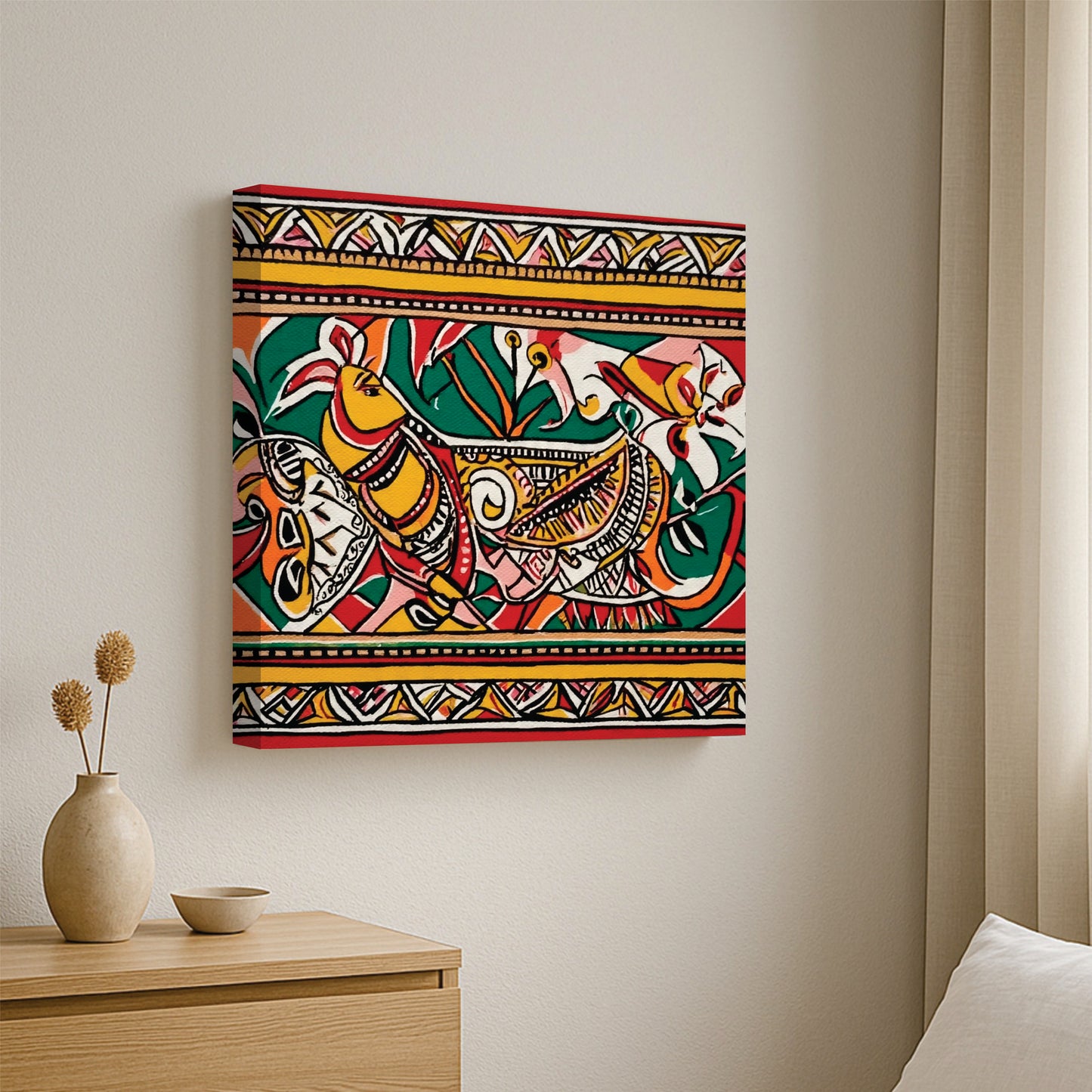 Ethnic Scenic Canvas Wall Stretched Frame  – Vibrant Green Valley Digital Painting