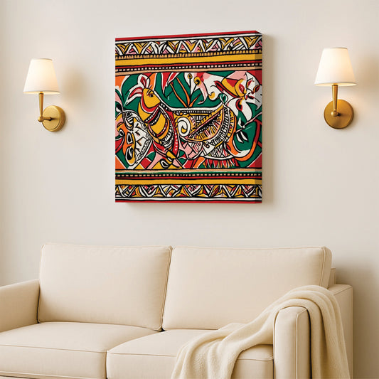 Ethnic Scenic Canvas Wall Stretched Frame  – Vibrant Green Valley Digital Painting