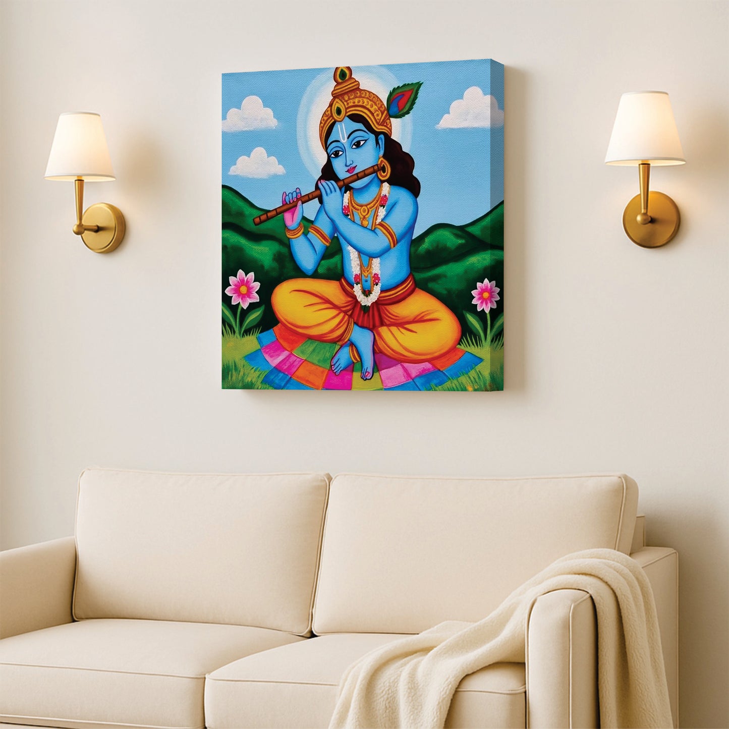 Krishna With Flute Canvas Wall Art Stretched Frame – Divine Spiritual Painting