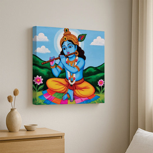 Krishna With Flute Canvas Wall Art Stretched Frame – Divine Spiritual Painting