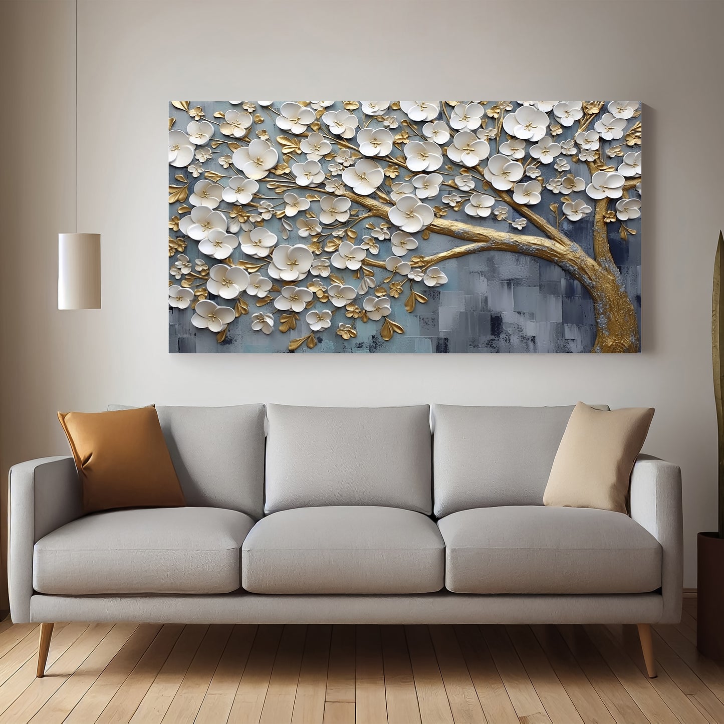 Gold & White Blossom Tree Canvas Wall Art – Luxury 3D Floral Painting for Living Room Decor