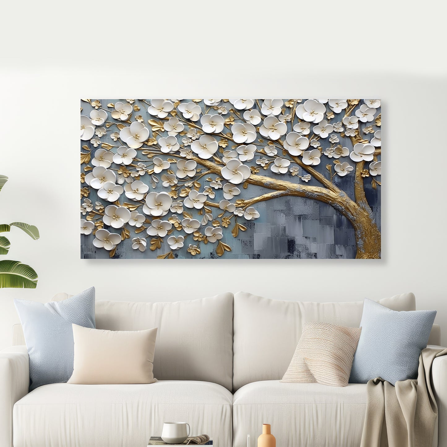 Gold & White Blossom Tree Canvas Wall Art – Luxury 3D Floral Painting for Living Room Decor