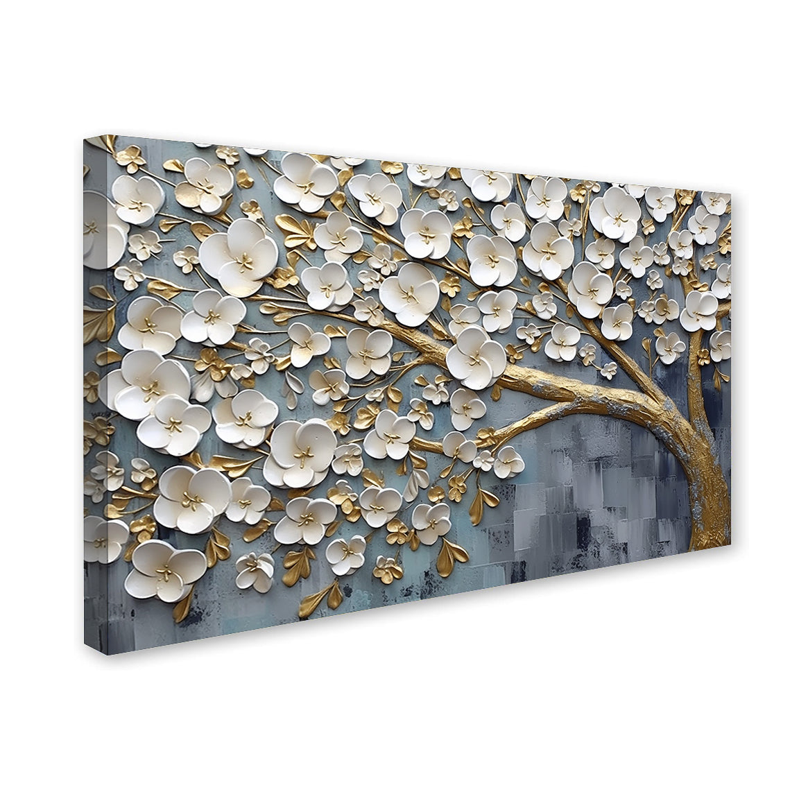 Gold & White Blossom Tree Canvas Wall Art – Luxury 3D Floral Painting for Living Room Decor