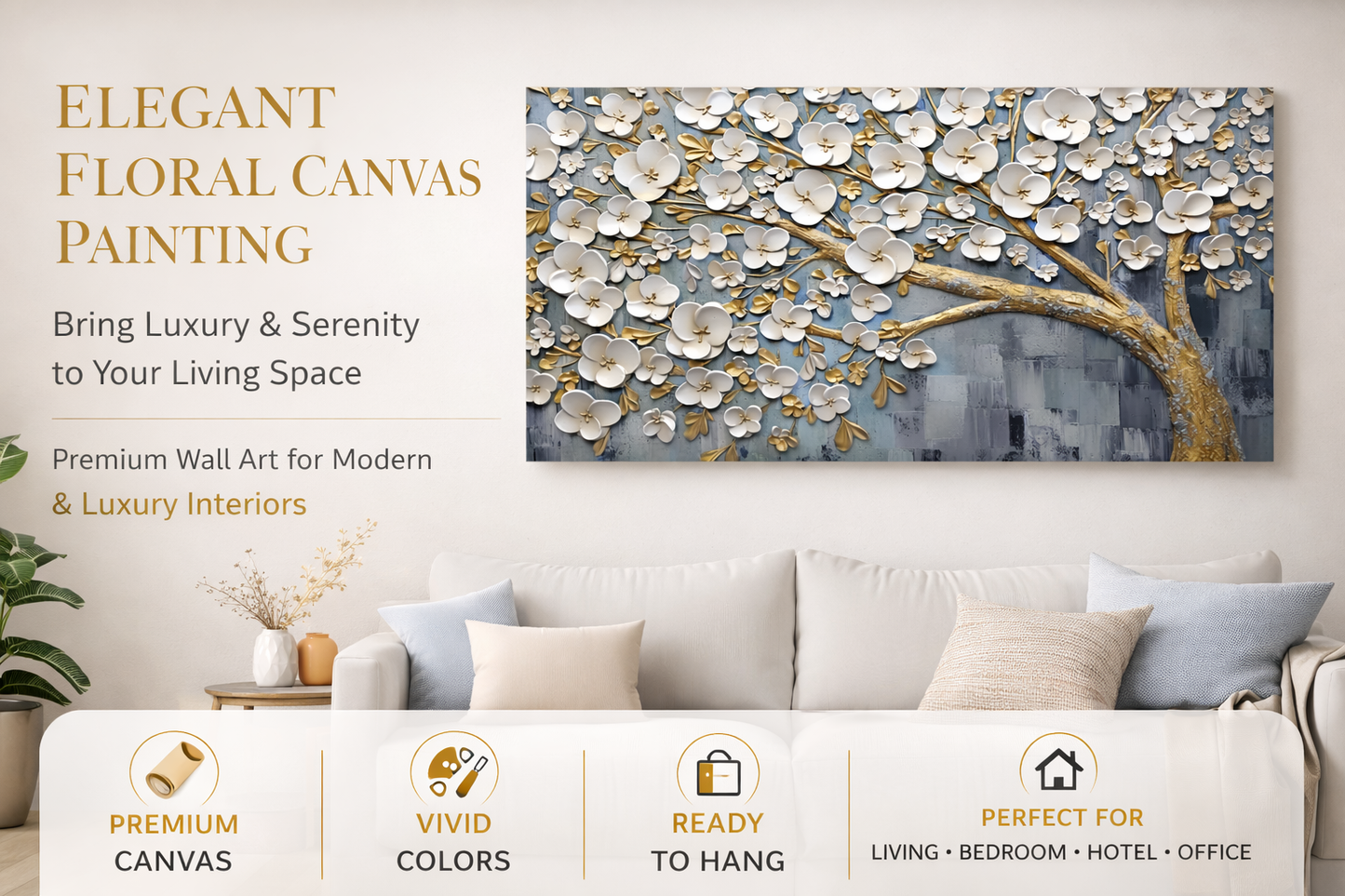 Gold & White Blossom Tree Canvas Wall Art – Luxury 3D Floral Painting for Living Room Decor