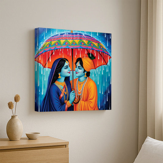 Radha Krishna in Rain – Eternal Love Canvas Wall Art Stretched Frame Painting