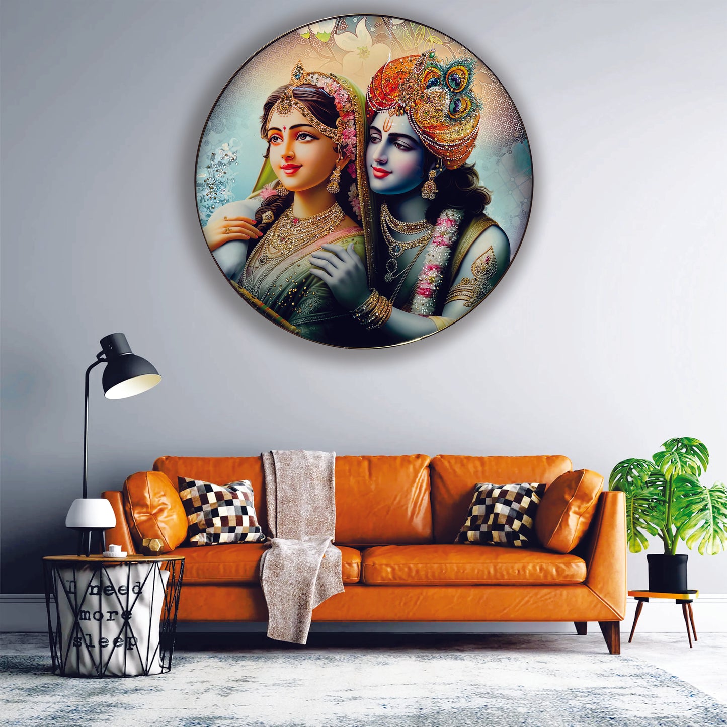 Radha Krishna in Round shape crystal wall art painting