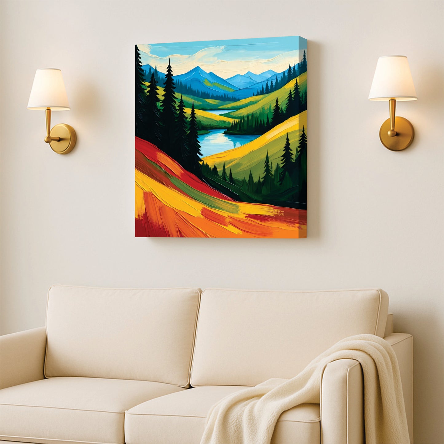 Golden Sunset Mountain Canvas Wall Art Stretched Frame – Vibrant Landscape Painting