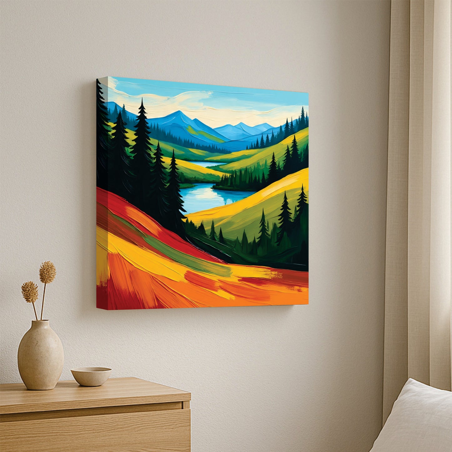 Golden Sunset Mountain Canvas Wall Art Stretched Frame – Vibrant Landscape Painting
