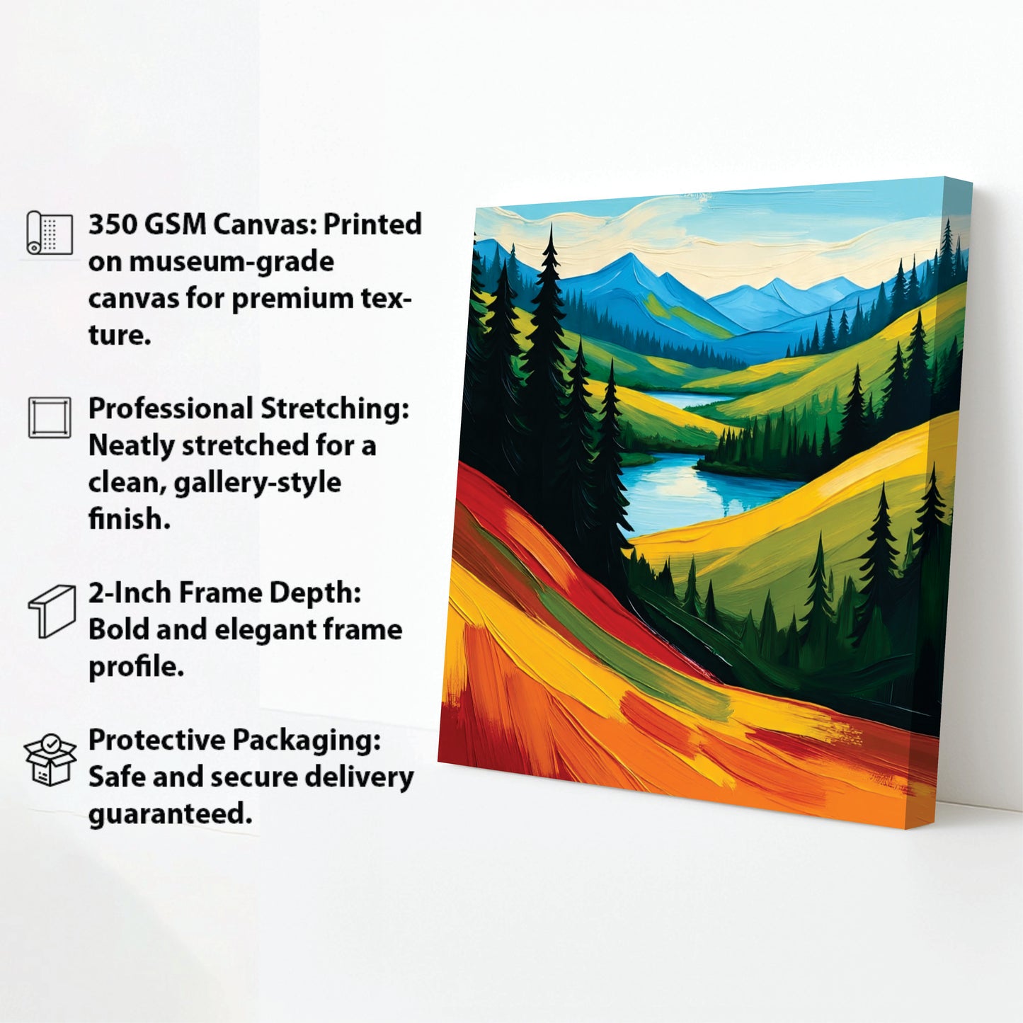 Golden Sunset Mountain Canvas Wall Art Stretched Frame – Vibrant Landscape Painting