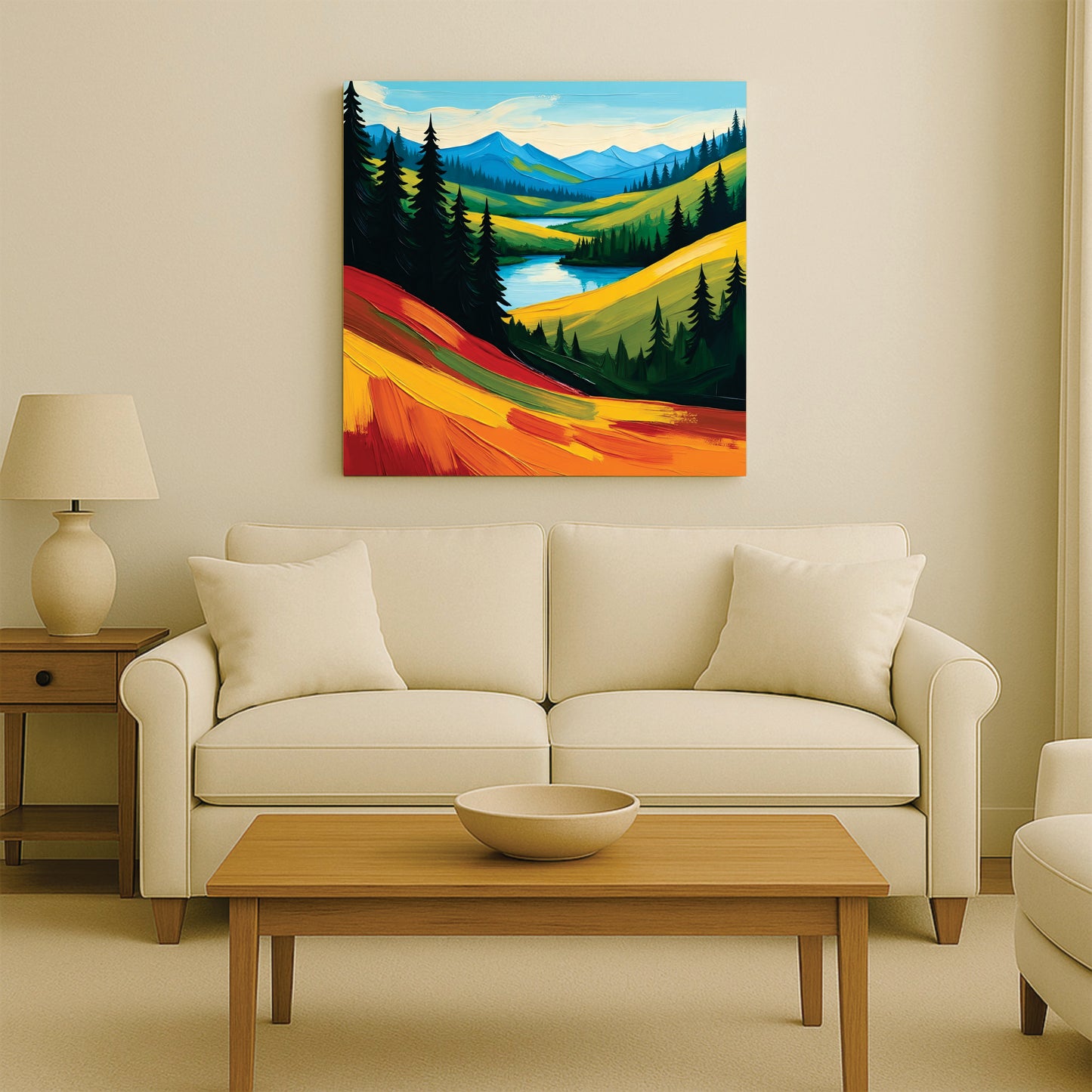 Golden Sunset Mountain Canvas Wall Art Stretched Frame – Vibrant Landscape Painting