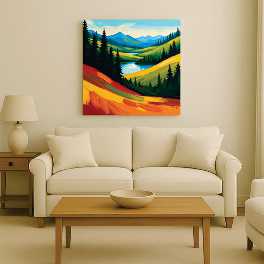 Golden Sunset Mountain Canvas Wall Art Stretched Frame – Vibrant Landscape Painting