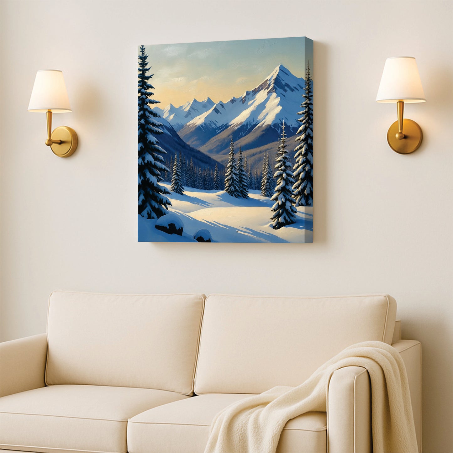 Golden Fields & Mountain Sunrise Canvas Stretched Frame – Nature Wall Art