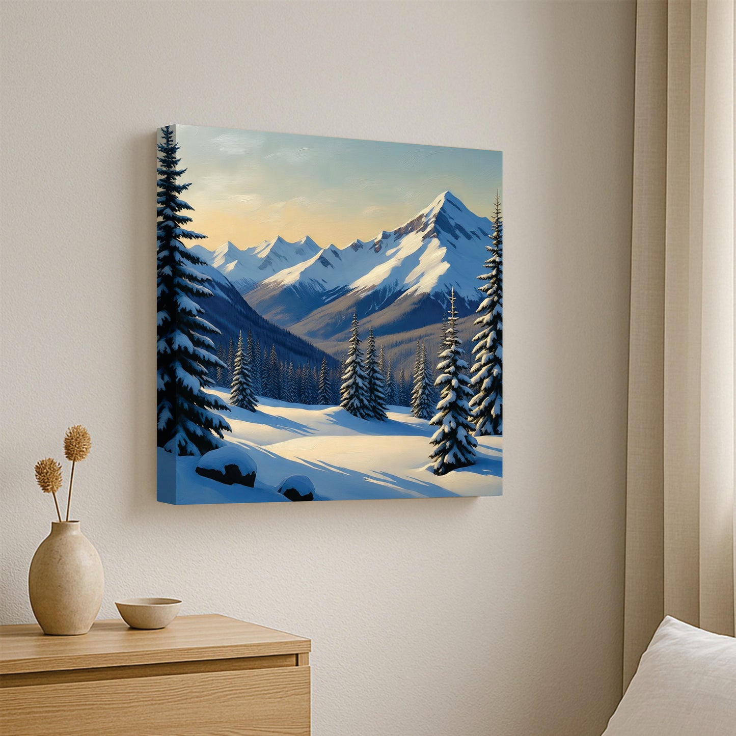 Golden Fields & Mountain Sunrise Canvas Stretched Frame – Nature Wall Art