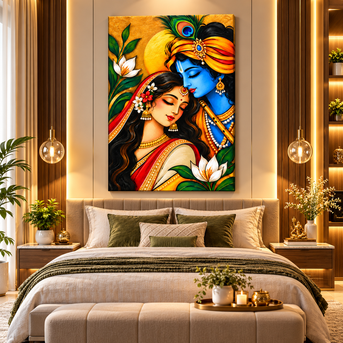 Radha Krishna Canvas Wall Painting | Traditional Krishna Religious Wall Art for Home & Office Decor
