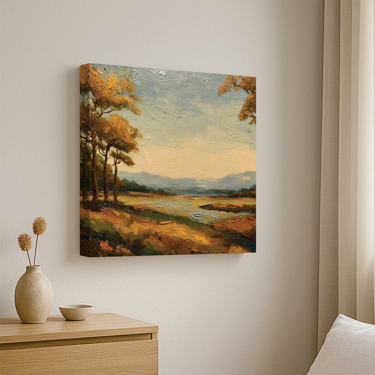Sunrise Over Hills Canvas Stretched Frame Painting – Scenic Landscape Wall Art