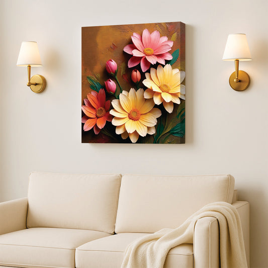 Rustic Floral Canvas Wall Art Stretched Frame – Hand-Painted Aesthetic Flowers