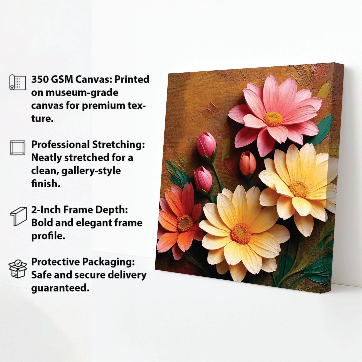 Rustic Floral Canvas Wall Art Stretched Frame – Hand-Painted Aesthetic Flowers
