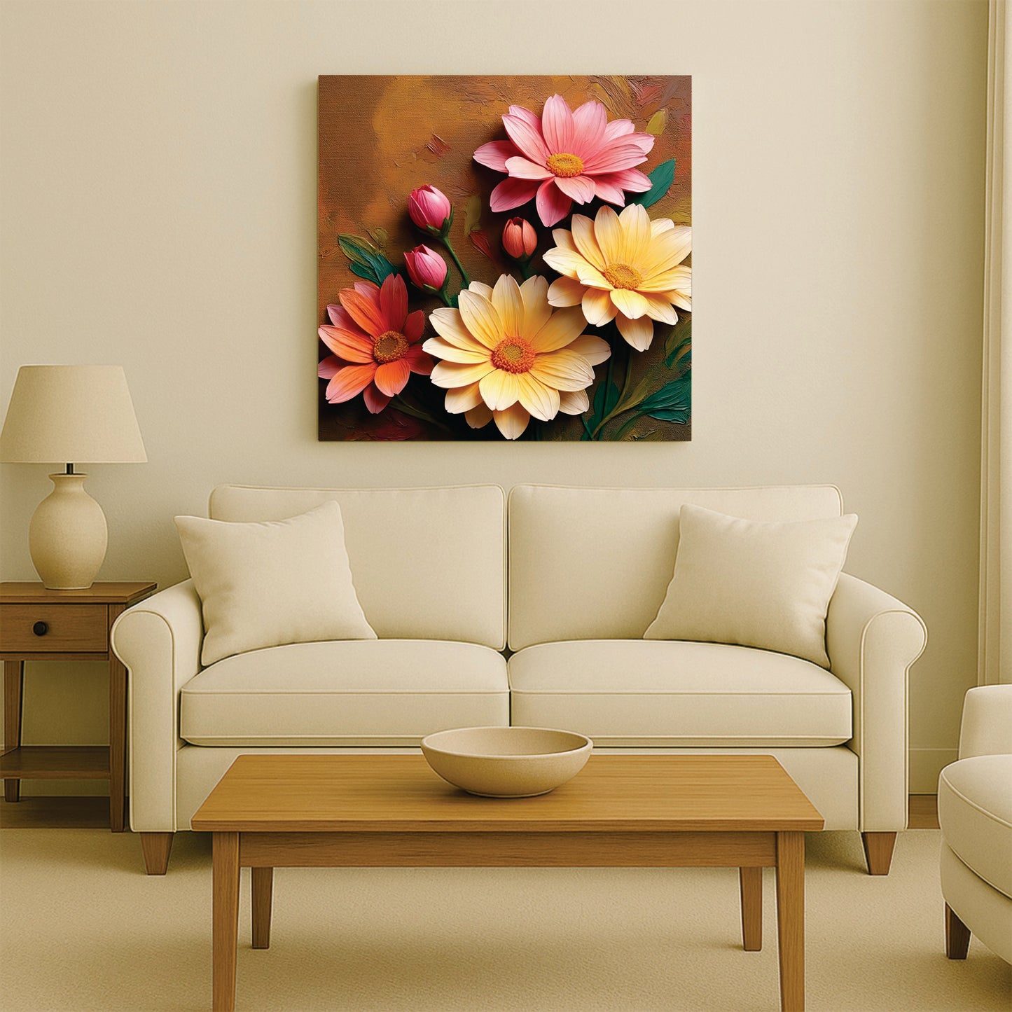 Rustic Floral Canvas Wall Art Stretched Frame – Hand-Painted Aesthetic Flowers