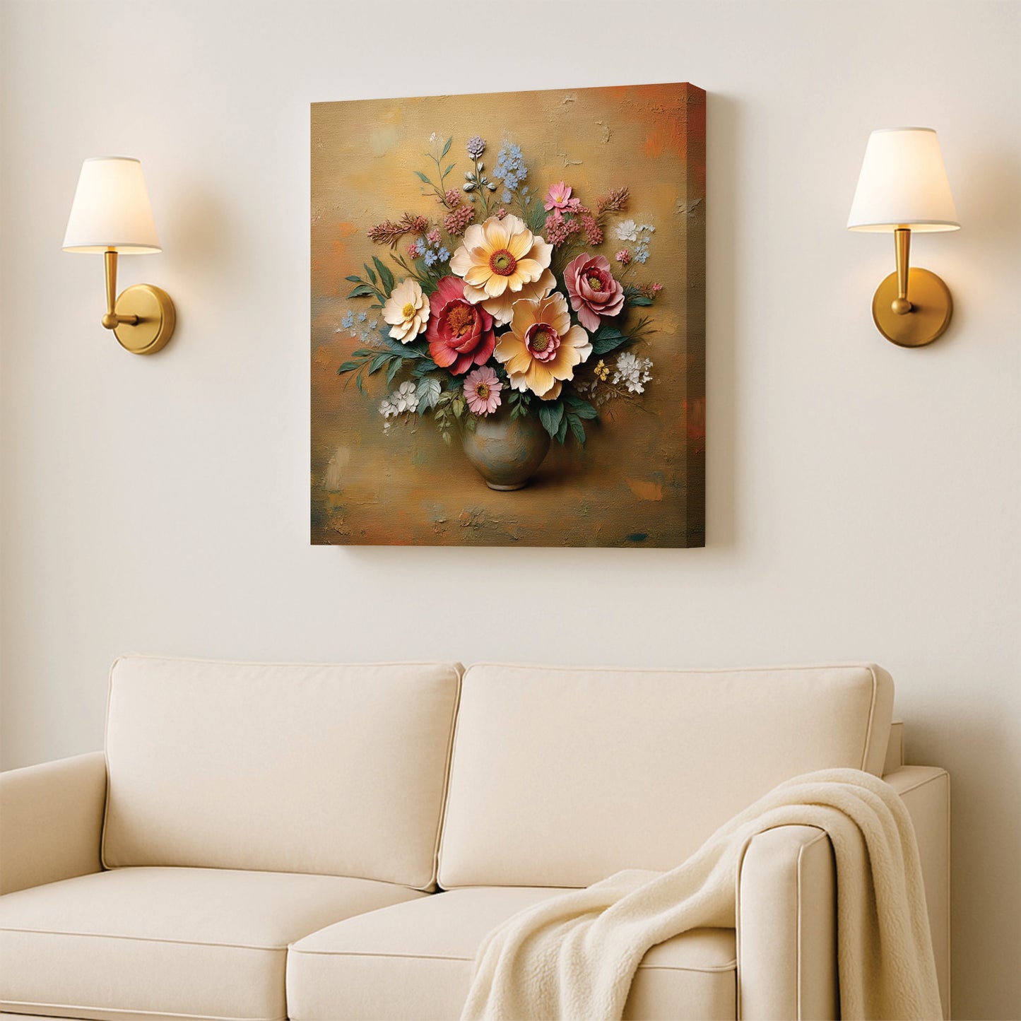 Rustic Floral Texture Canvas Stretched Frame Wall Decor – Handcrafted Artistic Painting