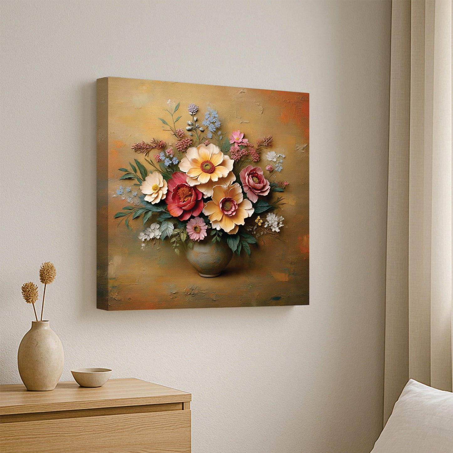 Rustic Floral Texture Canvas Stretched Frame Wall Decor – Handcrafted Artistic Painting