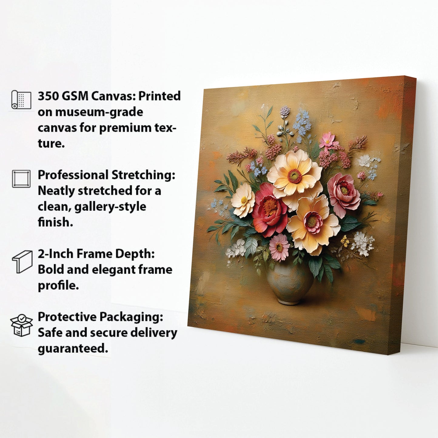 Rustic Floral Texture Canvas Stretched Frame Wall Decor – Handcrafted Artistic Painting
