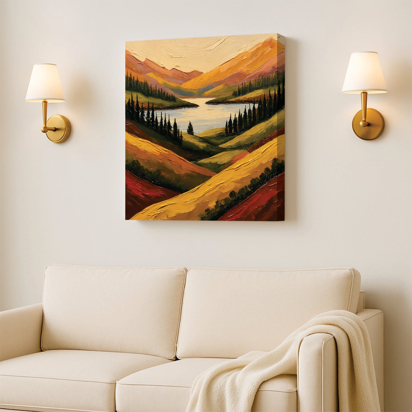 Peaceful Valley & Mountain Canvas Wall Art Stretched Frame – Rustic Modern Home Accent