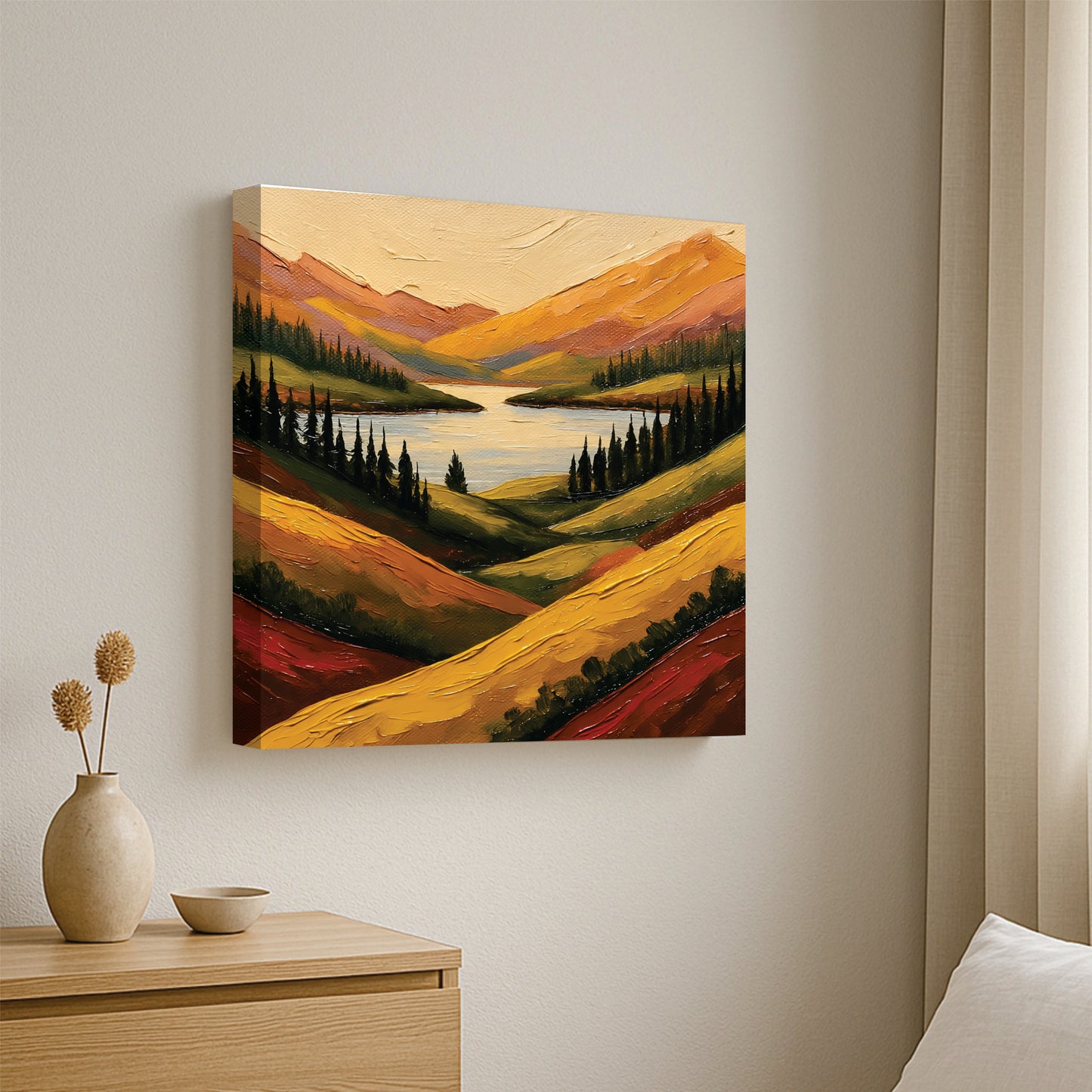 Peaceful Valley & Mountain Canvas Wall Art Stretched Frame – Rustic Modern Home Accent