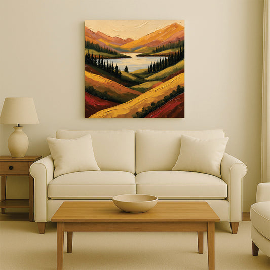Peaceful Valley & Mountain Canvas Wall Art Stretched Frame – Rustic Modern Home Accent