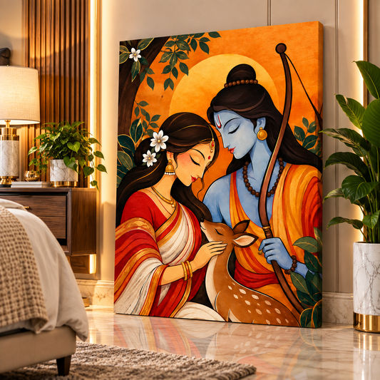 Ram Sita Canvas Wall Painting | Traditional Indian Religious Wall Art for Home & Office Decor
