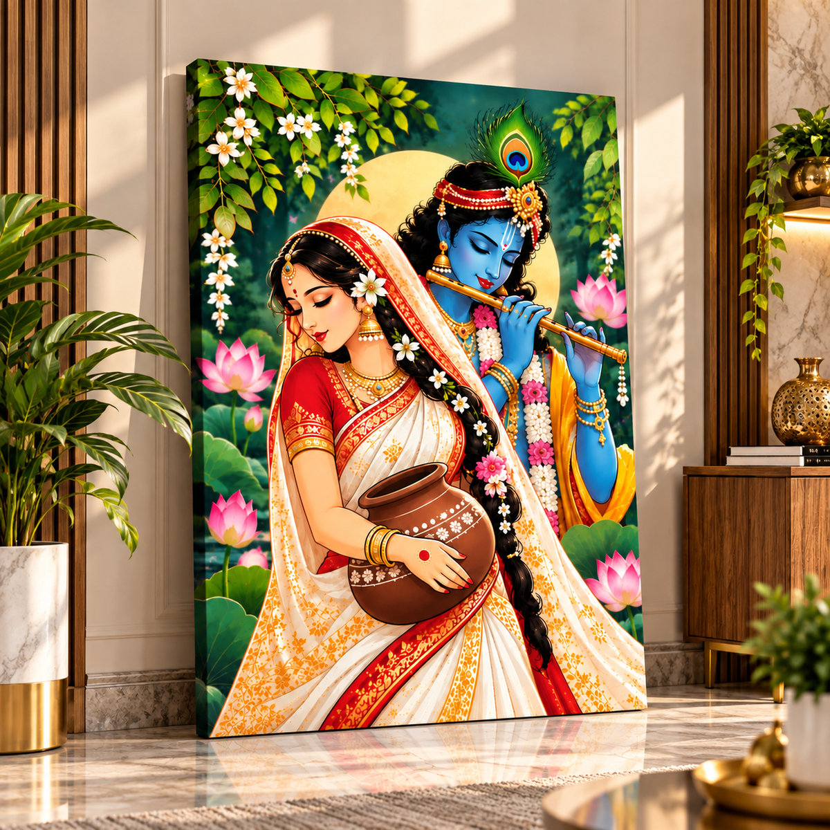 Radha Krishna Canvas Wall Painting | Traditional Indian Religious Wall Art for Home & Office Decor