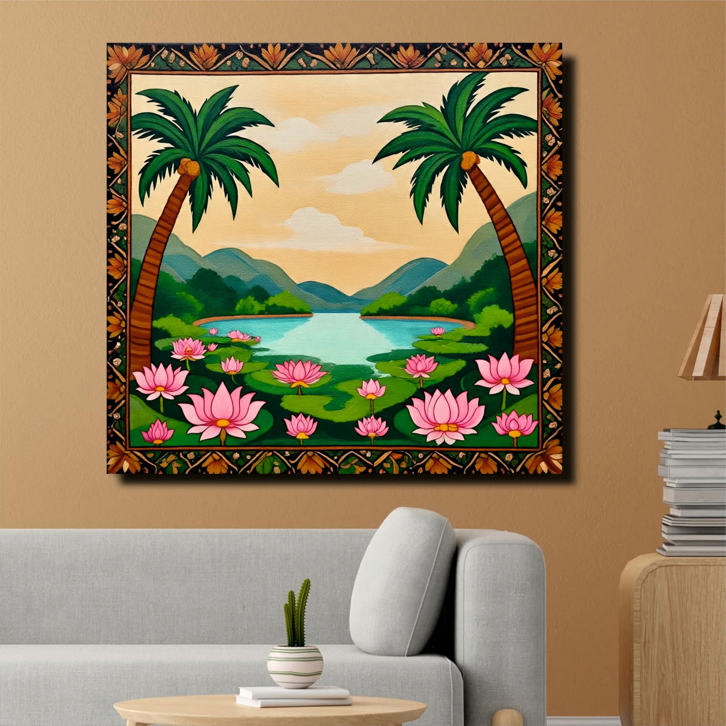 Tropical Lotus Lake Canvas Wall Art Stretched Frame – Digital Painting
