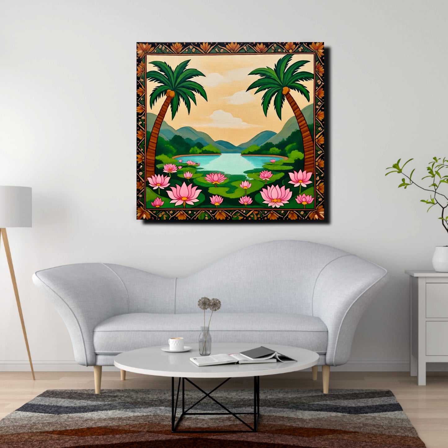 Tropical Lotus Lake Canvas Wall Art Stretched Frame – Digital Painting