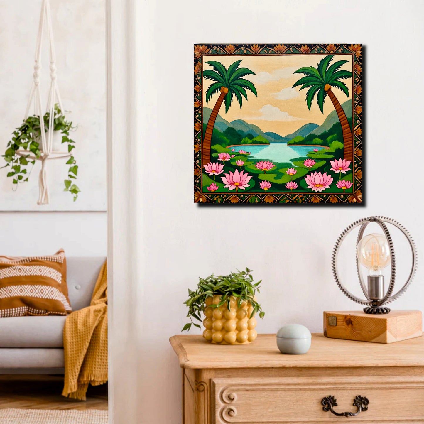 Tropical Lotus Lake Canvas Wall Art Stretched Frame – Digital Painting