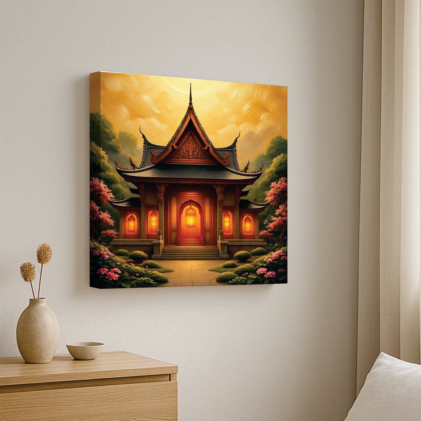 Golden Hour at the Temple Canvas Wall Art Stretched Frame Painting