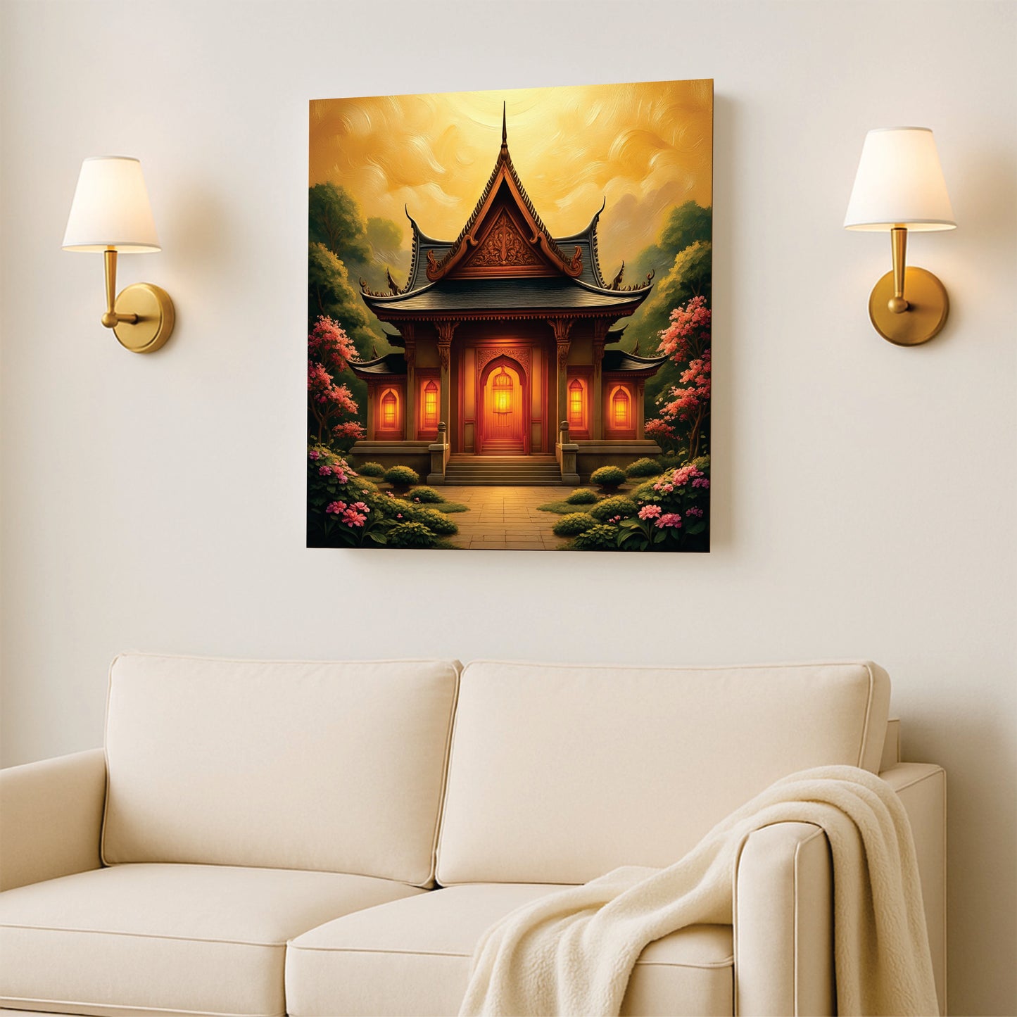 Golden Hour at the Temple Canvas Wall Art Stretched Frame Painting