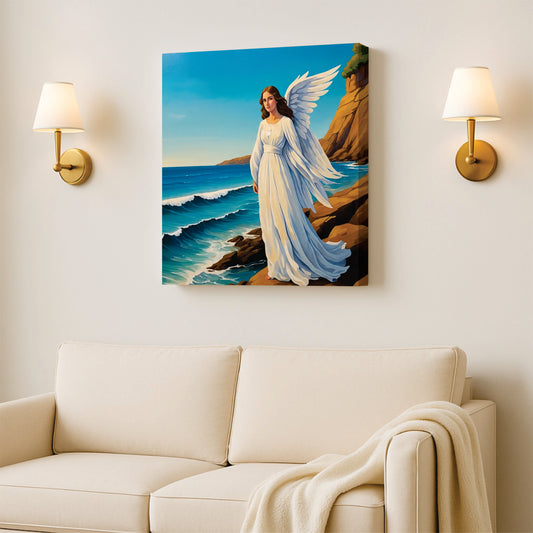 Guardian of the Waves – Angel by the Sea Canvas Wall Art Stretched Frame Painting