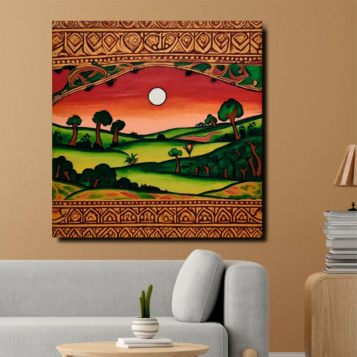 Indian Folk Art Inspired Canvas Stretched Frame – Scenic Green Valley Painting