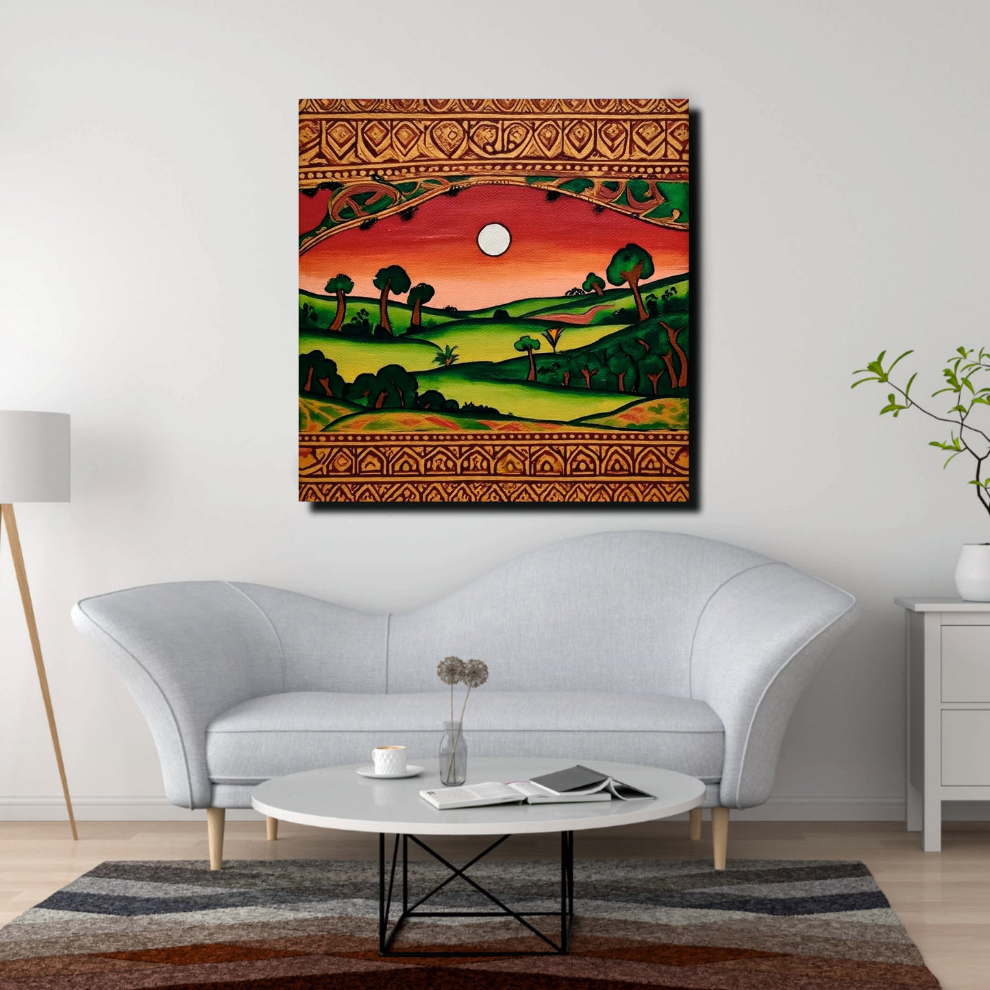Indian Folk Art Inspired Canvas Stretched Frame – Scenic Green Valley Painting