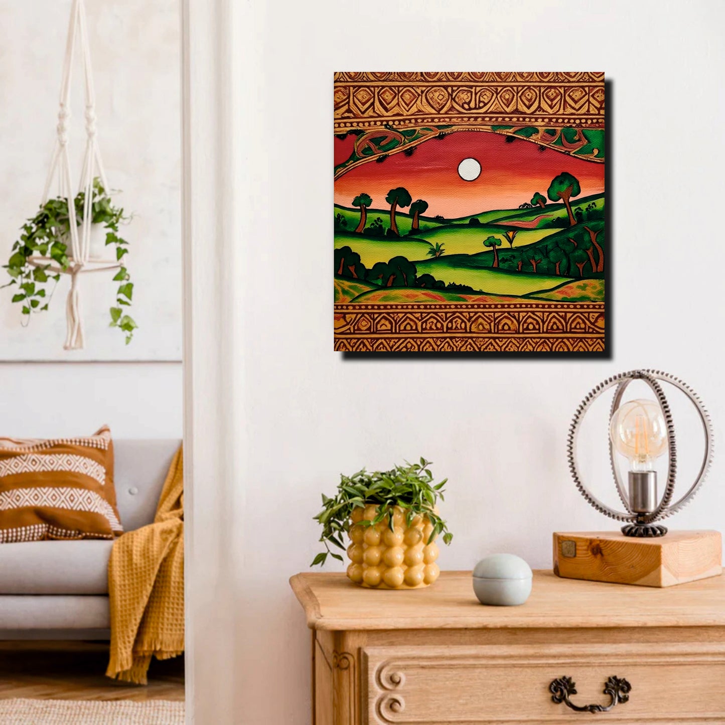 Indian Folk Art Inspired Canvas Stretched Frame – Scenic Green Valley Painting