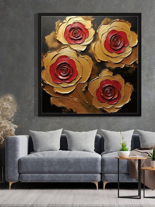 Embers in Bloom — Where Red Desire Meets Golden Grace Canvas Wall Art Black Frame Painting