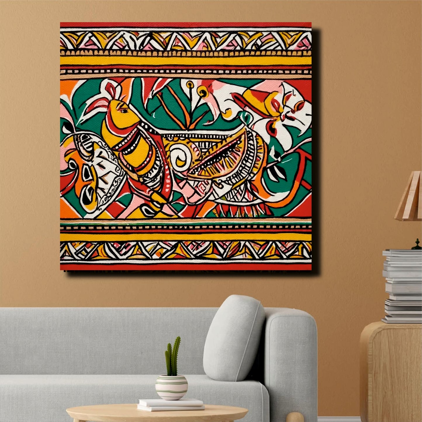 Ethnic Scenic Canvas Wall Stretched Frame  – Vibrant Green Valley Digital Painting