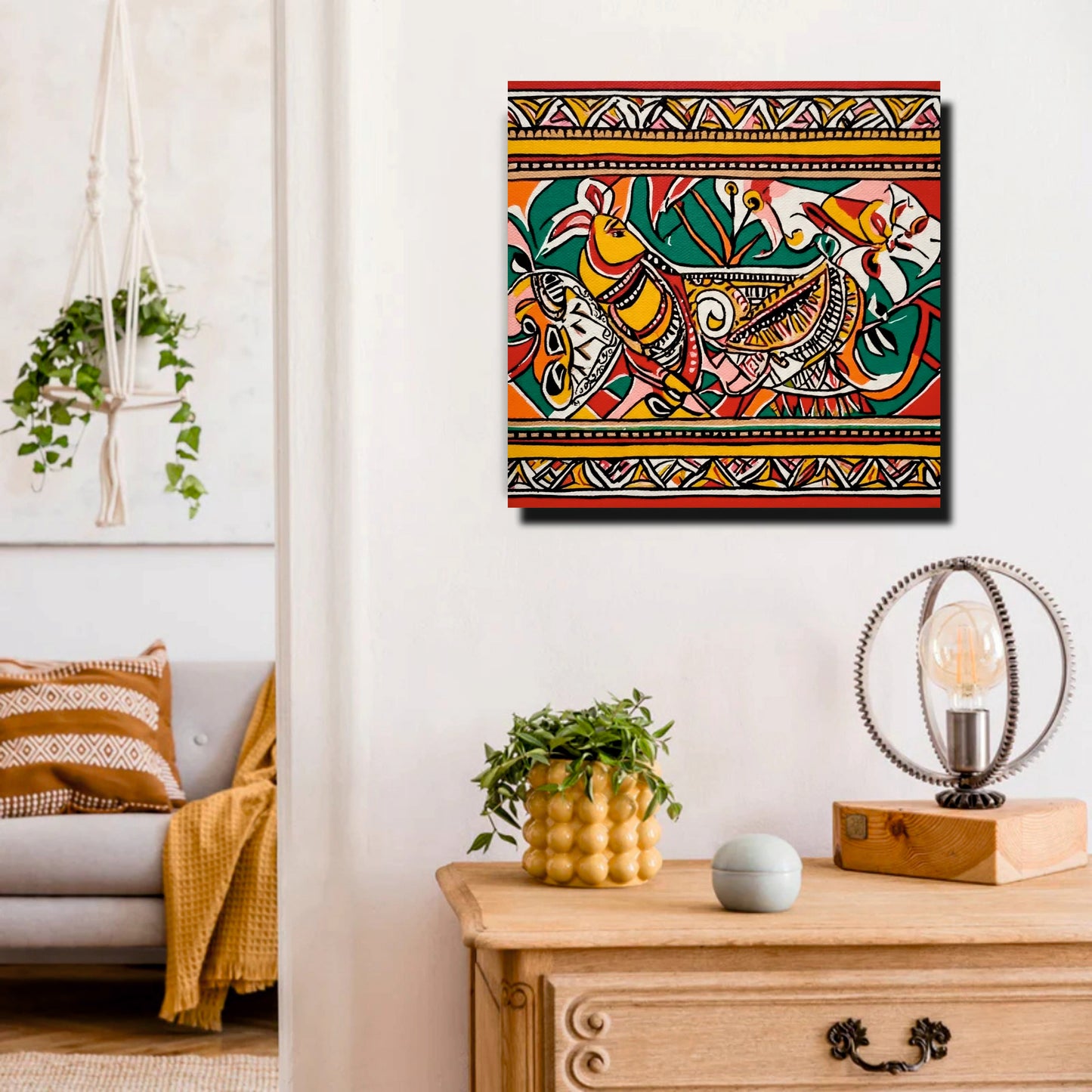 Ethnic Scenic Canvas Wall Stretched Frame  – Vibrant Green Valley Digital Painting