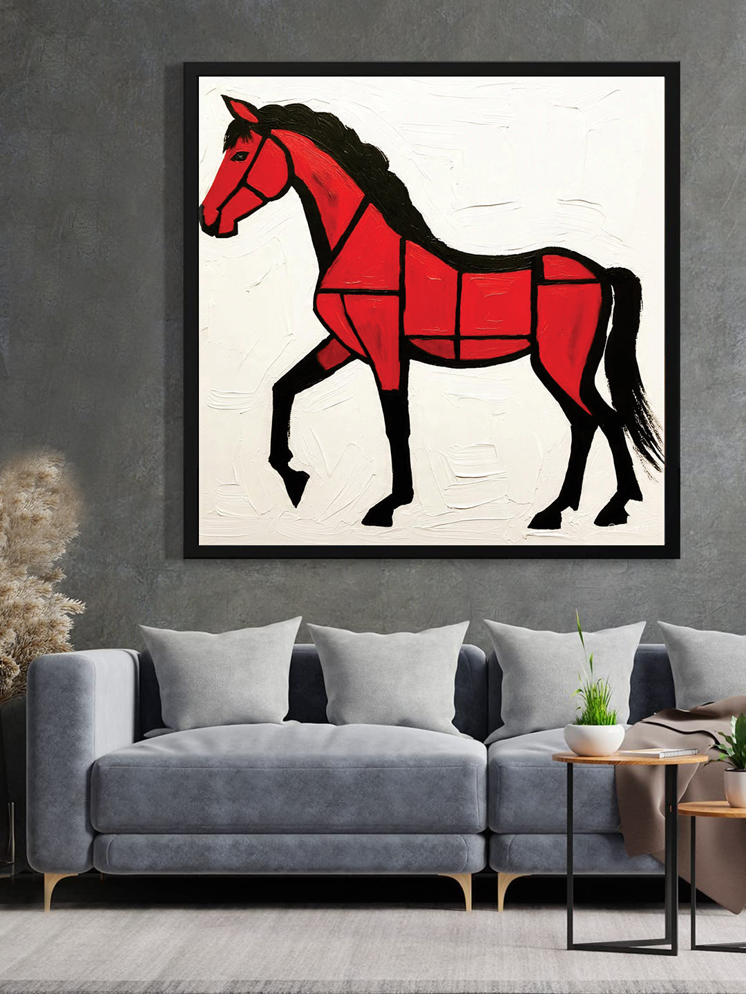 The red horse with white canvas wall art Black Frame painting