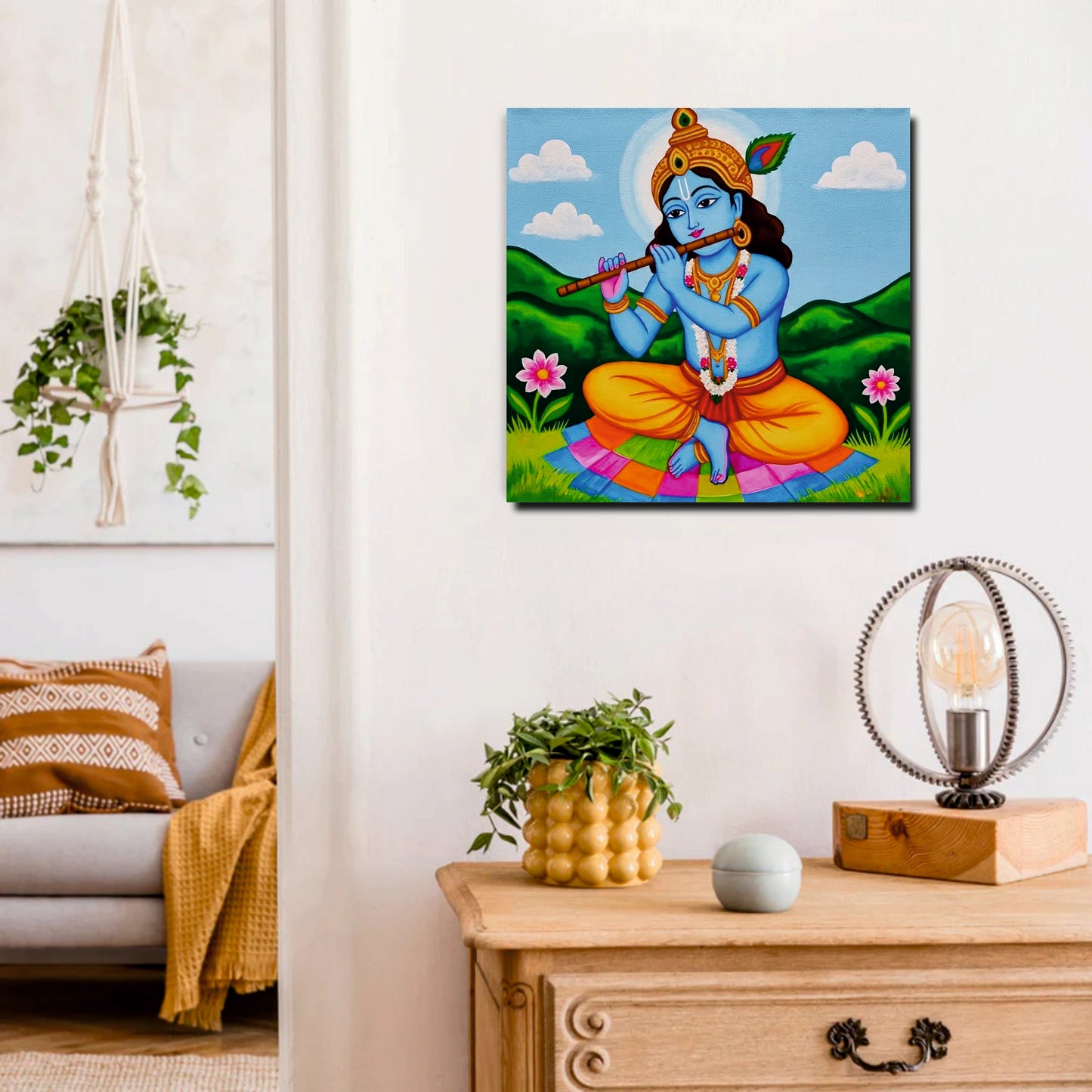 Krishna With Flute Canvas Wall Art Stretched Frame – Divine Spiritual Painting